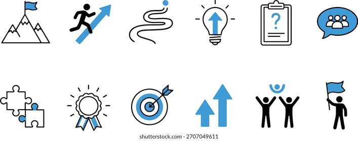 Iconos vectoriales de logro de objetivos, símbolos de trabajo en equipo y liderazgo, ilustraciones de progreso y motivación, perfecto para negocios, educación, planificación y diseño de desarrollo personal.