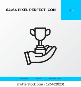 Goal and Achievement vector line icon style. Trophy on hand 64x64 Pixel perfect icon