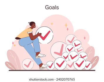 Goal Achievement Visualization. A cheerful individual securing a checkmark, representing the fulfillment of goals amidst an abundance of achieved tasks. Flat vector illustration