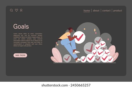 Goal Achievement Visualization. A cheerful individual securing a checkmark, representing the fulfillment of goals amidst an abundance of achieved tasks. Flat vector illustration