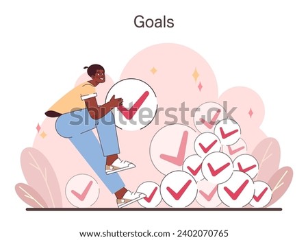 Goal Achievement Visualization. A cheerful individual securing a checkmark, representing the fulfillment of goals amidst an abundance of achieved tasks. Flat vector illustration