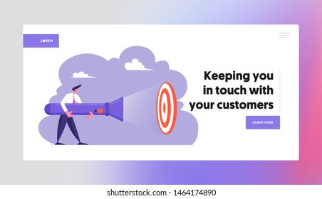 Goal Achievement Website Landing Page, Business Man Holding Huge Flashlight Lighting Up Aim, Uncovering Hidden Target, Searching Idea, Brainstorm, Web Page. Cartoon Flat Vector Illustration, Banner