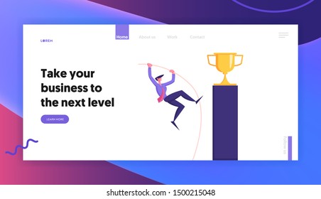 Goal Achievement Website Landing Page. Businessman Pole Vaulting Over Challenge Trying to Reach Golden Trophy Goblet Standing on Top of High Pedestal Web Page Banner. Cartoon Flat Vector Illustration