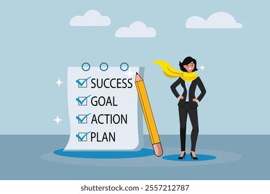 Goal, action, and plan checklist, process for achieving success, career growth strategy, business planning, productivity improvement, the concept of confident businesswoman with pencil and checklist.