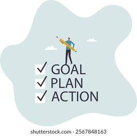 Goal, action and plan, process to implement business, strategy plan for career improvement, increase efficiency or productivity .business concept.flat character.
