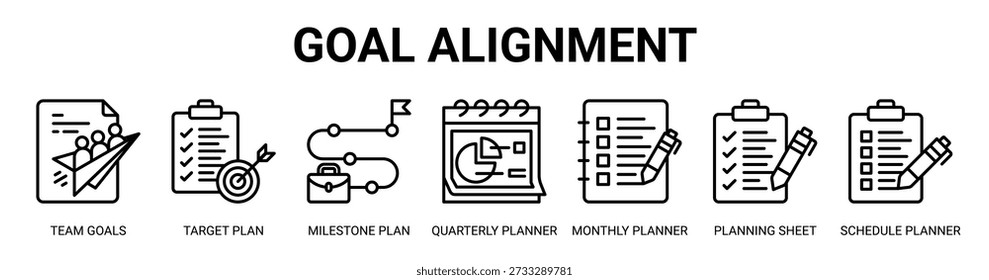 Goal Alignment web banner icon vector illustration concept with icon of team goals, target plan, milestone plan, quarterly planner, monthly planner, planning sheet, and schedule planner.