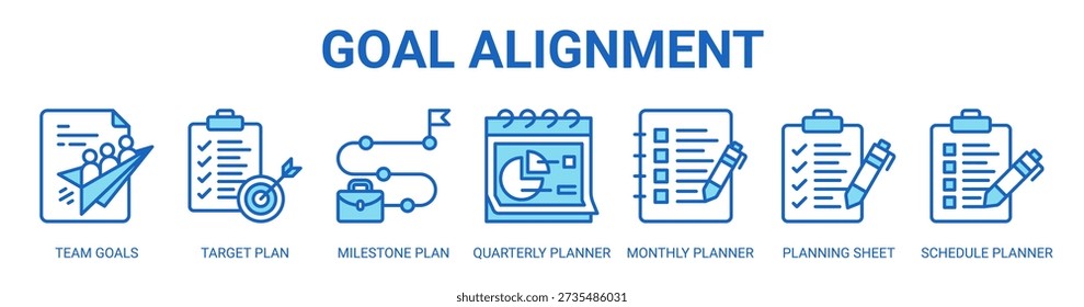 Goal Alignment web banner icon vector illustration concept with icon of team goals, target plan, milestone plan, quarterly planner, monthly planner, planning sheet, and schedule planner.