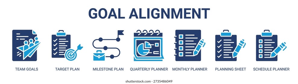 Goal Alignment web banner icon vector illustration concept with icon of team goals, target plan, milestone plan, quarterly planner, monthly planner, planning sheet, and schedule planner.