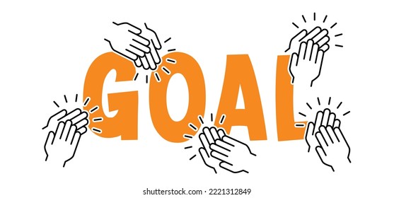 Goal and applause icon. Soccer ball sport. Vector stadium, supporters or fan. World wk, ek sport finale cup, football sports game. Clap hand or clapping hands. Claps symbol icon. Applauding for score.