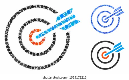 Goal arrow composition of round dots in different sizes and color tints, based on goal arrow icon. Vector round dots are grouped into blue mosaic. Dotted goal arrow icon in usual and blue versions.