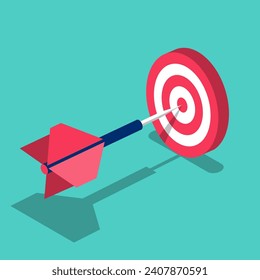 The goal and arrow. Reaches a goal. Aim in business concept. Target isolated background. Vector illustration isometric design. Mission achieved.