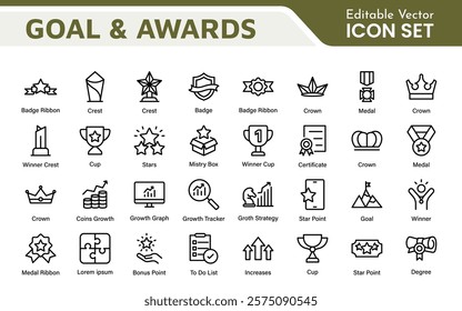 Goal and Awards Icon Set. A motivational collection of icons designed to celebrate achievements and aspirations, perfect for personal development, coaching, and recognition.