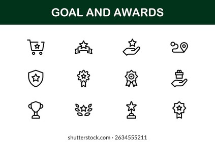 Conjunto de Ícones de Metas e Prêmios Representando Conquista, Medalha, Troféu, Alvo e Conceitos de Sucesso em um Design Mínimo, Baseado em Vetor e Amigável