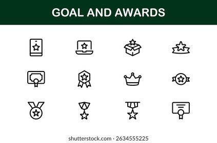 Conjunto de Ícones de Metas e Prêmios Representando Conquista, Medalha, Troféu, Alvo e Conceitos de Sucesso em um Design Mínimo, Baseado em Vetor e Amigável
