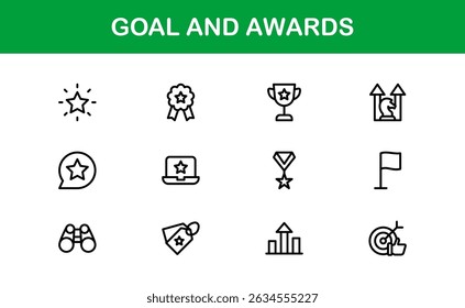 Conjunto de Ícones de Metas e Prêmios Representando Conquista, Medalha, Troféu, Alvo e Conceitos de Sucesso em um Design Mínimo, Baseado em Vetor e Amigável