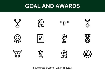 Conjunto de Ícones de Metas e Prêmios Representando Conquista, Medalha, Troféu, Alvo e Conceitos de Sucesso em um Design Mínimo, Baseado em Vetor e Amigável