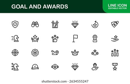 Goal and Awards Icon Set Representing Achievement, Medal, Trophy, Target, and Success Concepts in a Minimal, Vector-Based Stock-Friendly Design