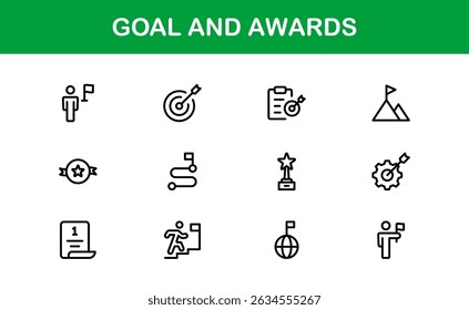Goal and Awards Icon Set Representing Achievement, Medal, Trophy, Target, and Success Concepts in a Minimal, Vector-Based Stock-Friendly Design