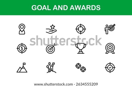 Goal and Awards Icon Set Representing Achievement, Medal, Trophy, Target, and Success Concepts in a Minimal, Vector-Based Stock-Friendly Design