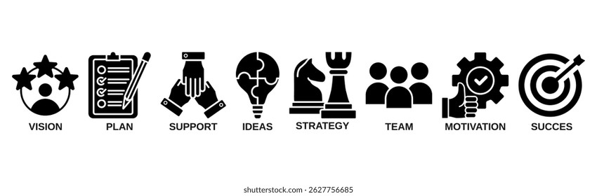 Conjunto de iconos de Web de Anuncio de objetivos, visión, planificación, objetivo, estrategia, hacer, trabajo en equipo, consistencia para el éxito. concepto de infografía de Vector mínimo