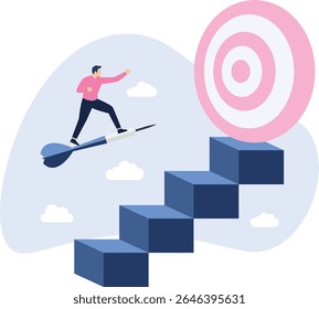 The goal is to be a champion, win a trophy or victory, with the businessman standing in the bull's-eye with both hands holding up the trophy stock illustration


