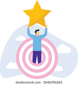 The goal is to be a champion, win a trophy or victory, with the businessman standing in the bull's-eye with both hands holding up the trophy stock illustration

