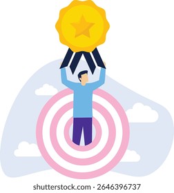 The goal is to be a champion, win a trophy or victory, with the businessman standing in the bull's-eye with both hands holding up the trophy stock illustration

