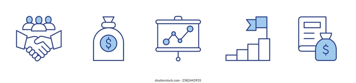 goal, business, handshake, money bag, line graph. Business Icon vector illustration. Line Duotone style. Editable stroke.