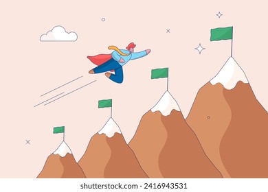 Goal or business target. Challenge to achieve success milestone, winning mission or career development, growth or progress journey, aspiration concept, businessman super hero fly to mountain summit.