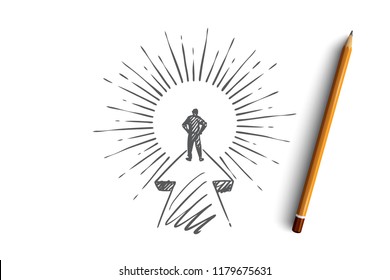 Goal, career, startup, leader, businessman concept. Hand drawn purposeful businessman on his way concept sketch. Isolated vector illustration.