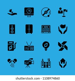 goal, closet, id card, speaker, dove of peace, building, laptop, video camera and television vector icon. Simple icons set