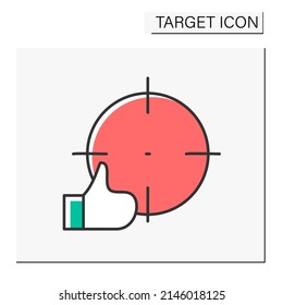 Icono de color de objetivo. Objeto con círculos concéntricos para la práctica de disparo o concursos. Objetivos alcanzados. Concepto objetivo. Ilustración vectorial aislada