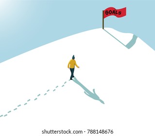 goal concept achieve reach the target one man alone walking in snow up to hill mountain with red flag sign text goals 