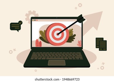 Ilustración de diseño plano de concepto de objetivo Con objetivos como la internet digital en una laptop o pantalla de computadora, el concepto de lograr una estrategia