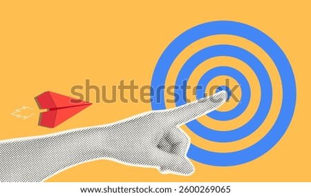 Goal concept. Human hand in dotted pop art style pointing on the target for red paper plane. Vector illustration