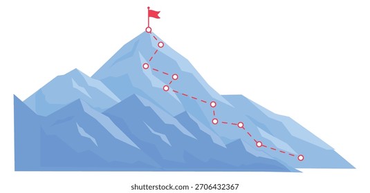 Conceito de meta. Bandeira vermelha no pico da montanha alta