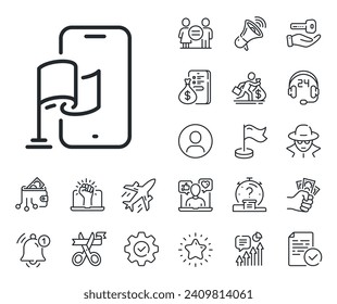 Goal destination sign. Salaryman, gender equality and alert bell outline icons. Location app line icon. Flag pointer symbol. Location app line sign. Spy or profile placeholder icon. Vector