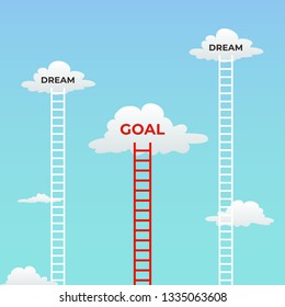 goal and dream. goal under dreams mindset visual concept design. cloud in the sky and tall ladder with text vector illustration.