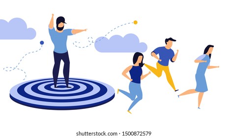 Goal employee man and woman business action target. Run to journey concept vector illustration achievement. Success leadership background work. Challenge award aim direction banner. Timely ambition