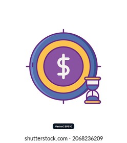 Goal Expiry icon. Crowdfunding icons. Startup line icons. Launch Project, Business report and Target. Strategy linear icon set. Quality line set. Vector