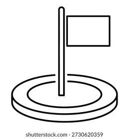 Icono de la línea de la bandera de la meta que representa el logro de la meta, la finalización del objetivo y el hito comercial. Esquema de la Ilustración vectorial de la bandera en la plataforma de destino que simboliza el éxito, la dirección, la estrategia, el logro de la misión y el concepto de establecimiento de objetivos.