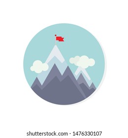Goal flag on mountain icon with round shape