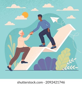 Goal focused man. Successful employee helps colleagues. Leadership metaphor, entrepreneur and businessman. Social media and support. Company development, up arrow. Cartoon flat vector illustration