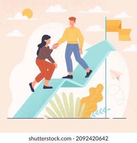 Goal focused woman. Girl helps her colleague to climb to top. Growth of company. leadership and personal development, support and motivation. Road to goals and dreams. Cartoon flat vector illustration