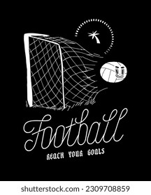 Goal. Football ball flying through the gate net. Soccer ball character ripping the gate net vintage typography silkscreen t-shirt print vector illustration.