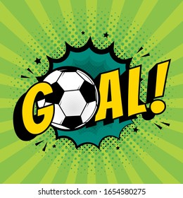 Goal football comic style text pop art retro style wow banner on green background. Sports fan emotions