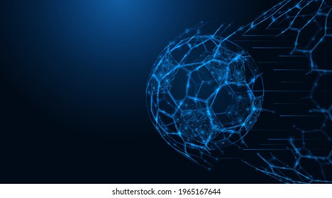 A goal in a football match. The flying ball breaks the net on the goal. Polygonal construction of concatenated lines and points. Blue background.