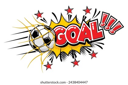 Goal football soccer comic icon. Ball and explosion text speech bubble. Vector sticker template on transparent background