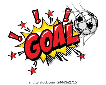 Goal football soccer comic icon. Ball and explosion text speech bubble. Vector sticker template on transparent background