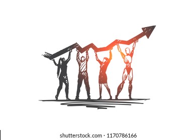 Goal, forward, HCI, automation, partnership, team concept. Hand drawn teamwork human with robot, common goal concept sketch. Isolated vector illustration